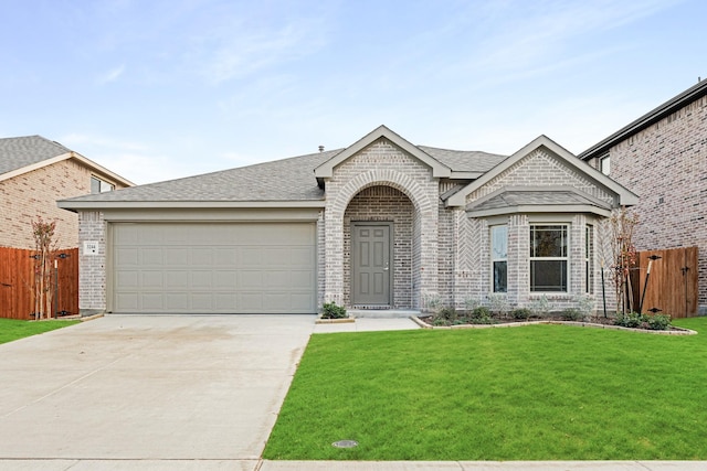 view of front of home with a garage and a front lawn