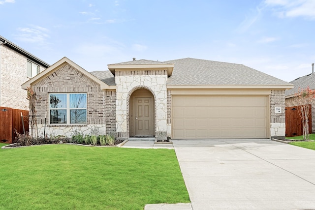 view of front of house with a front yard and a garage