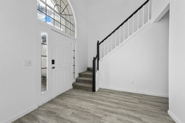 entrance foyer featuring a towering ceiling and light hardwood / wood-style flooring