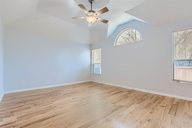 spare room featuring lofted ceiling, light hardwood / wood-style floors, and ceiling fan