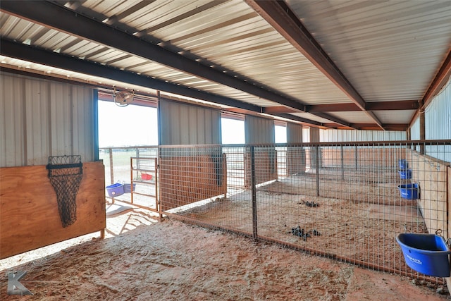 view of stable featuring a water view