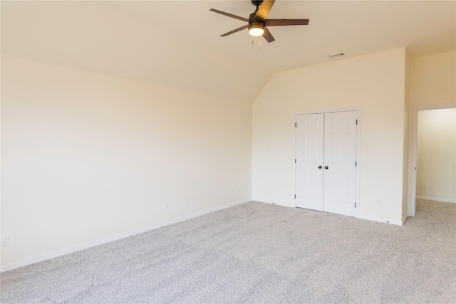 3004 Normandy Dr, Mckinney, TX 75070 - unfurnished bedroom featuring baseboards, light colored carpet, a closet, vaulted ceiling, and ceiling fan