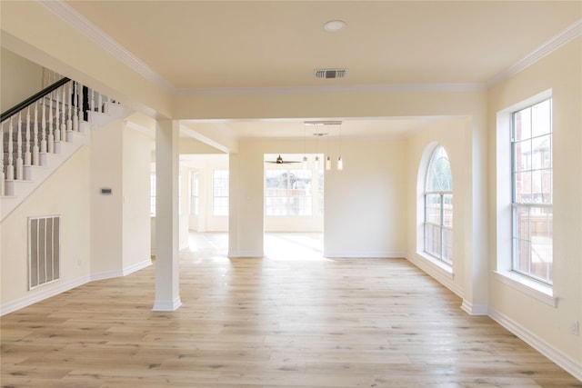 3004 Normandy Dr, Mckinney, TX 75070 - unfurnished living room with light wood-style flooring, baseboards, stairs, ornamental molding, and ceiling fan