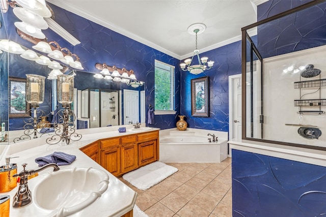 bathroom with tile patterned flooring, a notable chandelier, crown molding, shower with separate bathtub, and vanity