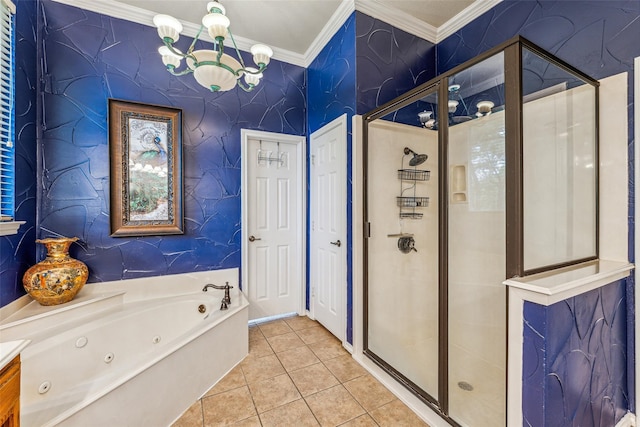 bathroom with tile patterned flooring, separate shower and tub, crown molding, and an inviting chandelier