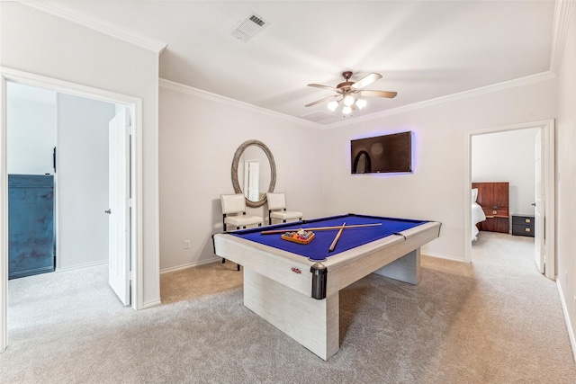 game room featuring ceiling fan, ornamental molding, light carpet, and billiards