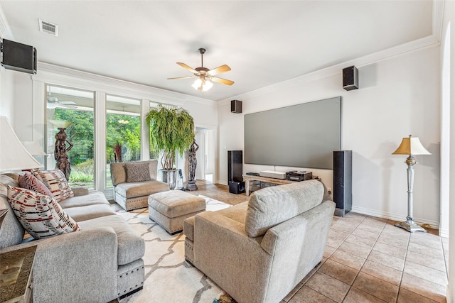 living room with light tile patterned floors, ceiling fan, and ornamental molding