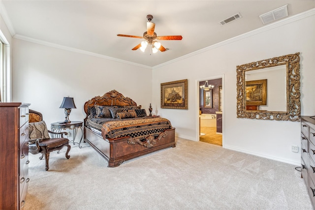 bedroom featuring light carpet, ceiling fan with notable chandelier, ensuite bath, and crown molding