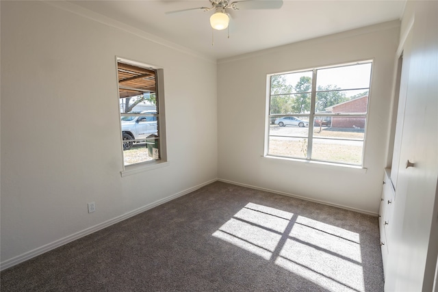 carpeted spare room featuring ceiling fan and crown molding