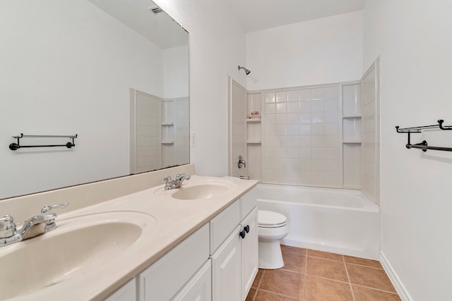 full bathroom with vanity, toilet, tiled shower / bath combo, and tile patterned flooring