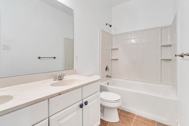 full bathroom with vanity, washtub / shower combination, toilet, and tile patterned floors