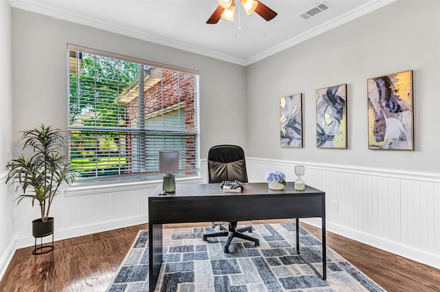 home office with ornamental molding, hardwood / wood-style flooring, and ceiling fan