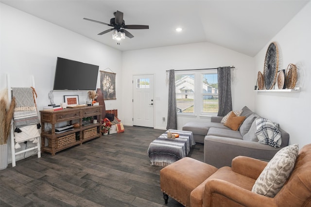 living area with lofted ceiling, recessed lighting, dark wood finished floors, and ceiling fan