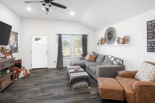 living area featuring recessed lighting, dark wood-style floors, a ceiling fan, and vaulted ceiling