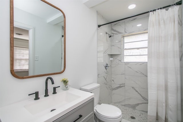 bathroom featuring toilet, vanity, and a shower with shower curtain