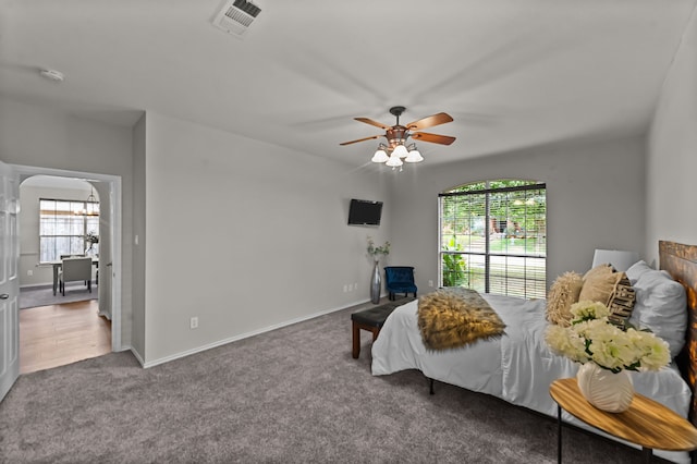 bedroom with carpet flooring and ceiling fan