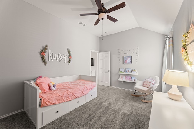 bedroom with ceiling fan, carpet floors, and lofted ceiling