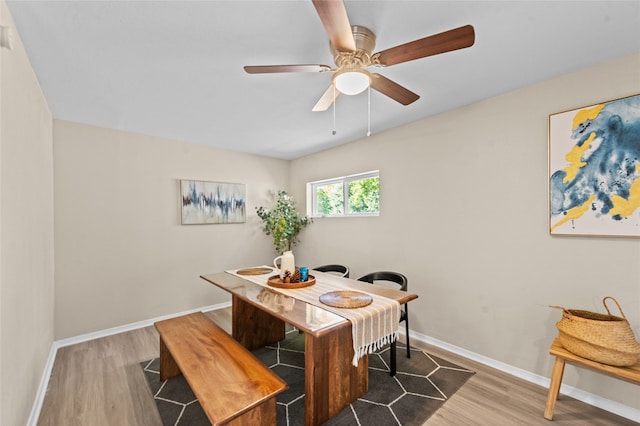 dining room with ceiling fan and hardwood / wood-style flooring