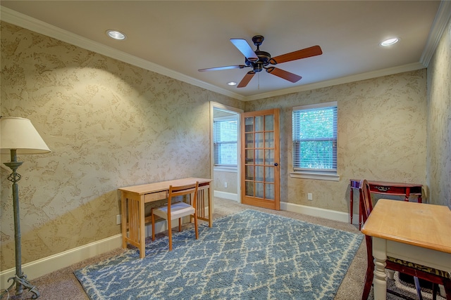 office space featuring crown molding and ceiling fan