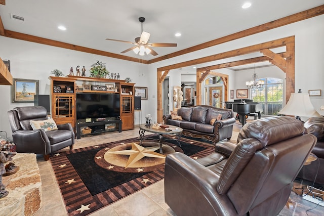 living room with crown molding and ceiling fan with notable chandelier