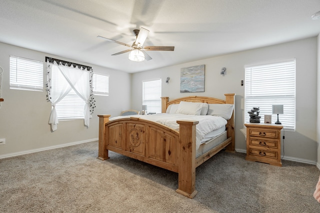 carpeted bedroom with ceiling fan and multiple windows