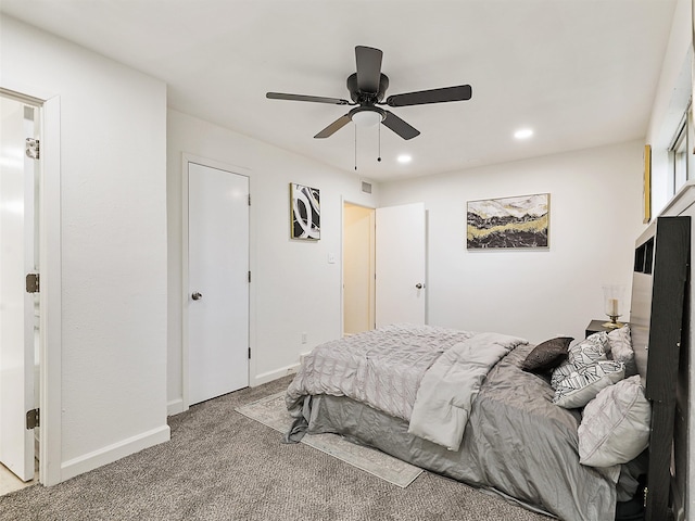 bedroom featuring carpet floors and ceiling fan