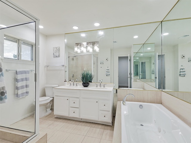 full bathroom featuring toilet, plus walk in shower, vanity, and tile patterned floors