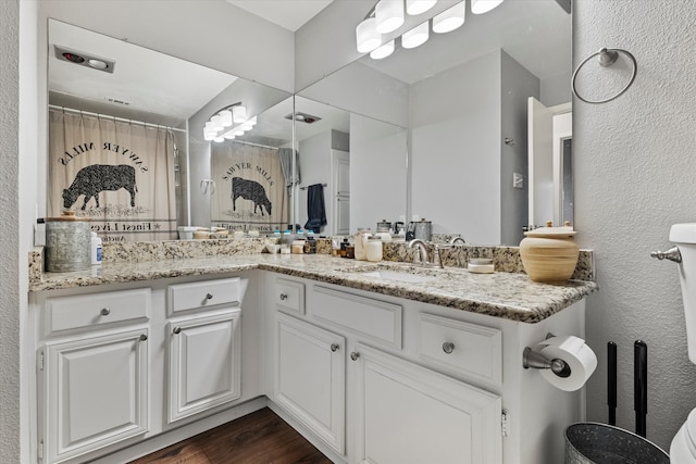 bathroom with vanity and wood-type flooring