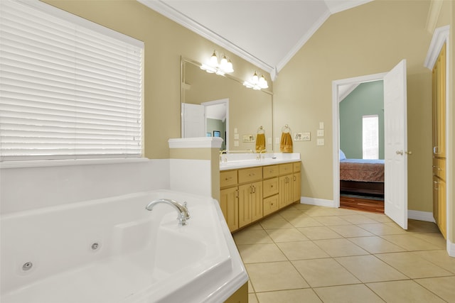 bathroom with lofted ceiling, ornamental molding, vanity, a tub to relax in, and tile patterned flooring