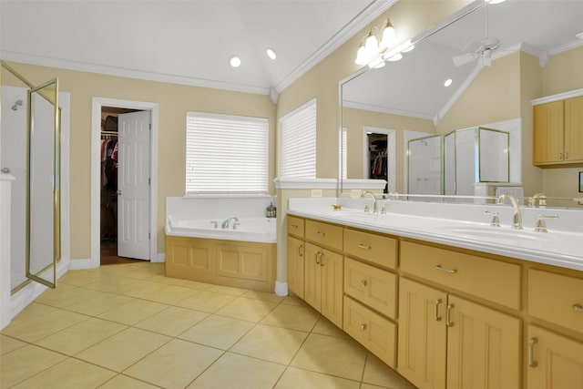 bathroom with vanity, independent shower and bath, and ornamental molding