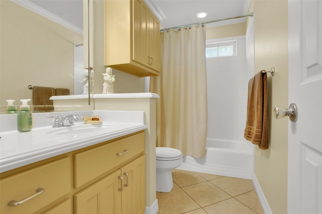 full bathroom featuring tile patterned floors, toilet, shower / tub combo, crown molding, and vanity