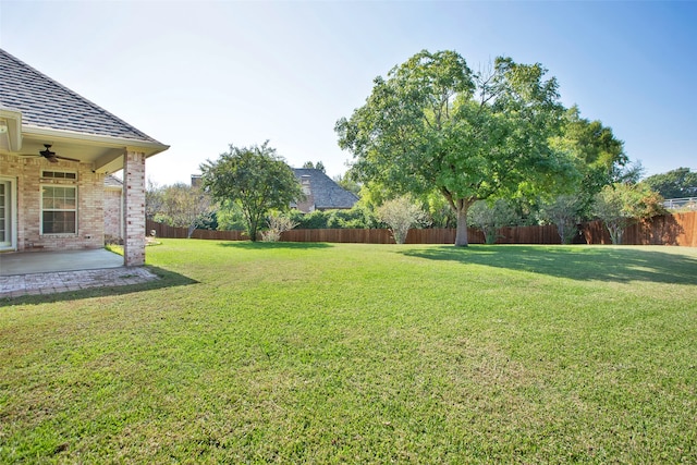 view of yard featuring a patio and ceiling fan