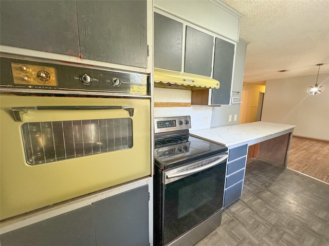 kitchen featuring electric range, decorative light fixtures, dark hardwood / wood-style floors, and wall oven