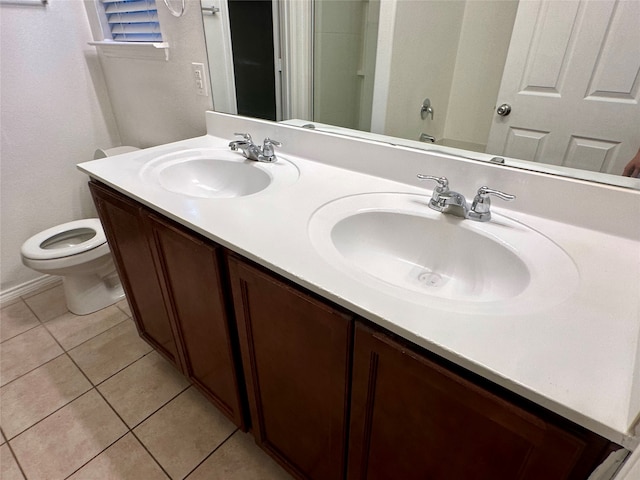 full bathroom with toilet, vanity, shower / tub combination, and tile patterned floors