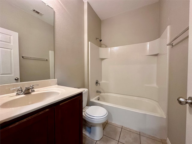 full bathroom with toilet, shower / tub combination, vanity, and tile patterned flooring