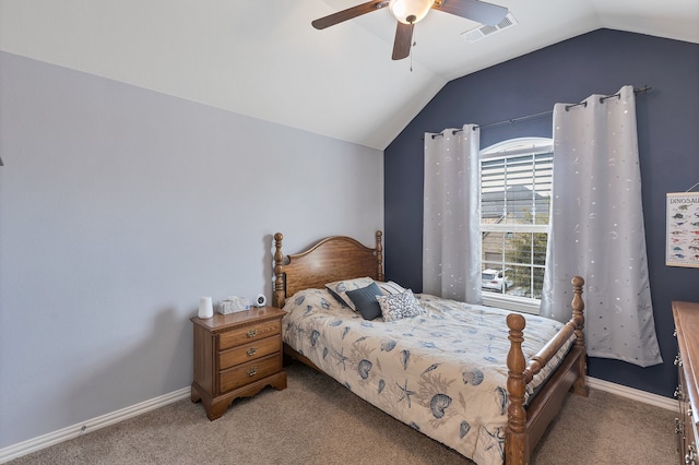 bedroom with carpet, lofted ceiling, and ceiling fan