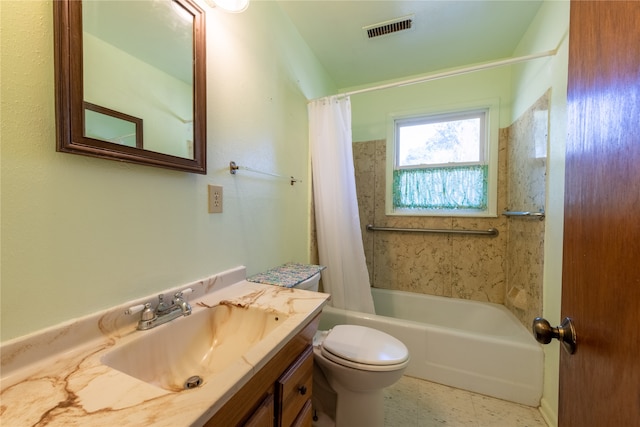 full bathroom with vanity, shower / bath combination with curtain, and toilet