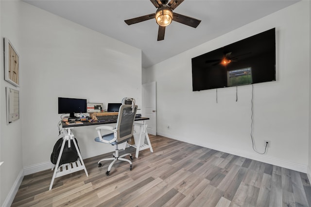 office featuring hardwood / wood-style flooring and ceiling fan