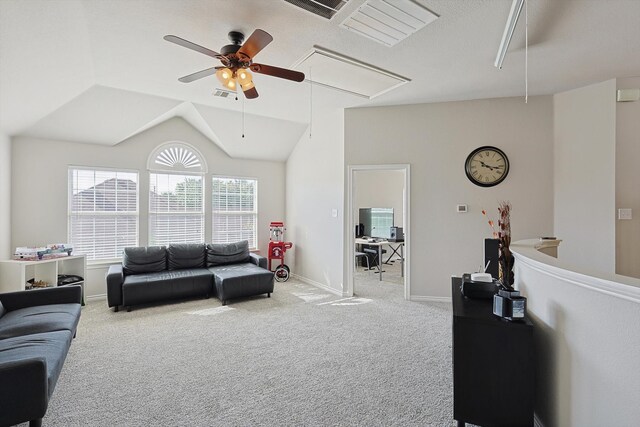 living room with lofted ceiling and carpet flooring