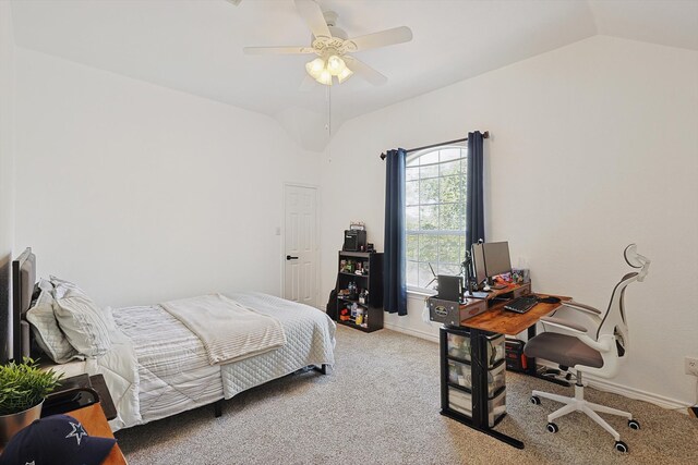 carpeted bedroom with lofted ceiling and ceiling fan