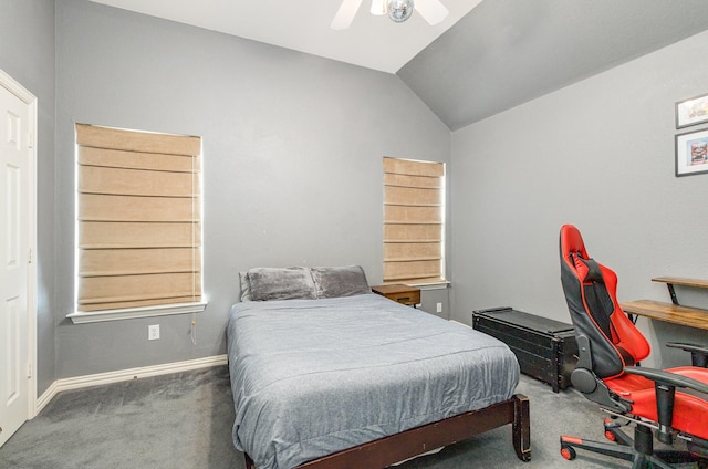 carpeted bedroom with lofted ceiling and ceiling fan