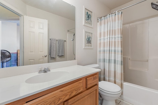 full bathroom with shower / tub combo with curtain, vanity, toilet, and tile patterned floors