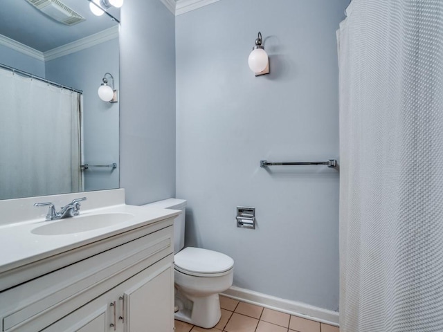 bathroom featuring toilet, vanity, tile patterned floors, and ornamental molding