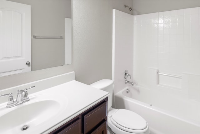 full bathroom with toilet, vanity, and bathing tub / shower combination