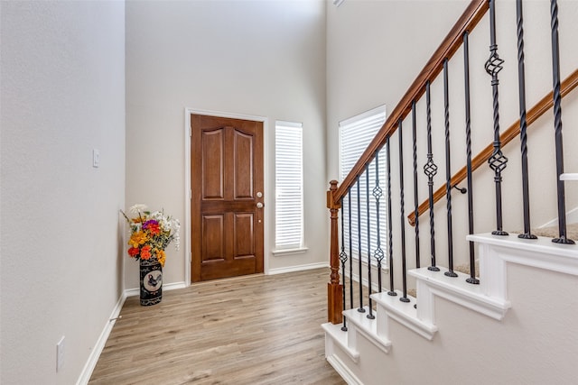 foyer with light hardwood / wood-style flooring, a wealth of natural light, and a high ceiling