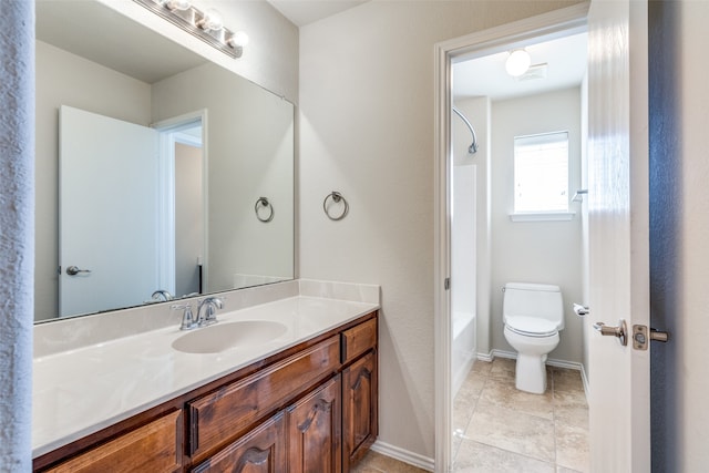 full bathroom featuring vanity, tile patterned flooring, toilet, and shower / bathtub combination