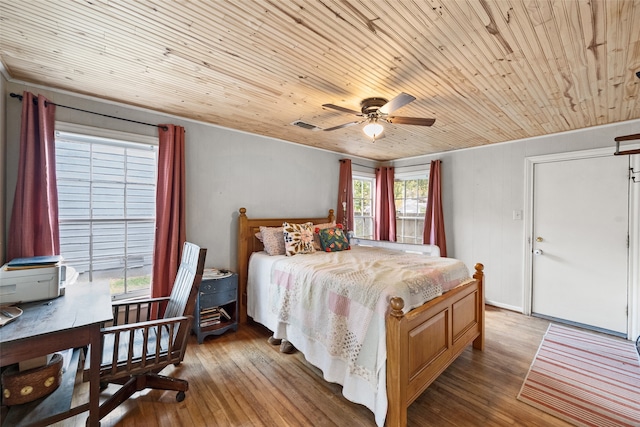 bedroom featuring light hardwood / wood-style flooring, wooden ceiling, and ceiling fan