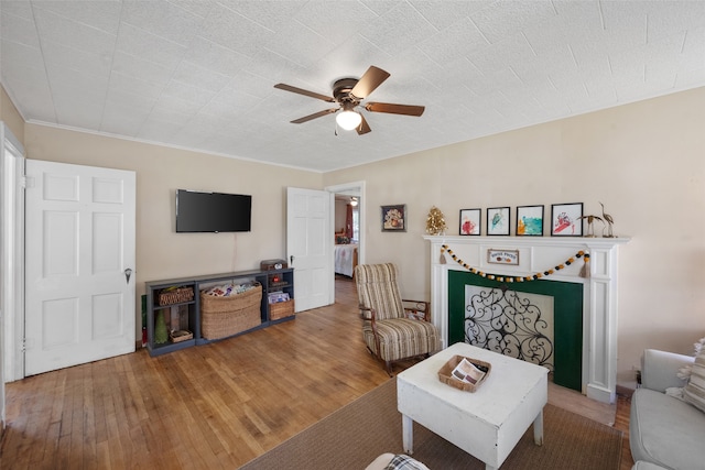 living room featuring ceiling fan and wood-type flooring