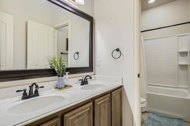 full bathroom featuring vanity, toilet, tile patterned floors, and shower / bath combination with curtain