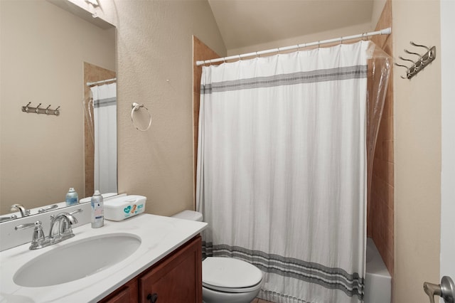 full bathroom with vanity, toilet, shower / bath combination with curtain, and lofted ceiling